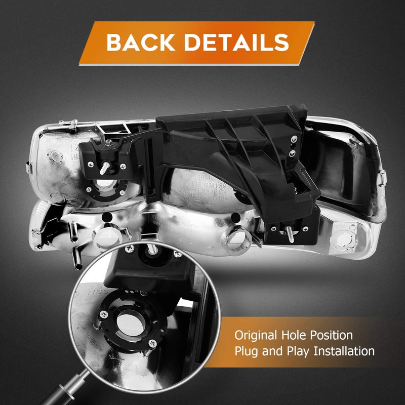 LBRST Headlight Assembly For Chevrolet Silverado 1500 1999-2002/For Chevrolet Silverado 2500 1999-2002 Chrome Housing Amber Reflector Clear Lens Driver and Passenger Side Headlamp - Image 4